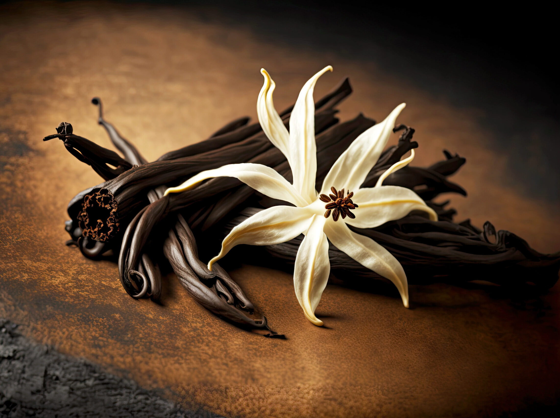 dry vanilla beans with unique aroma and white flower